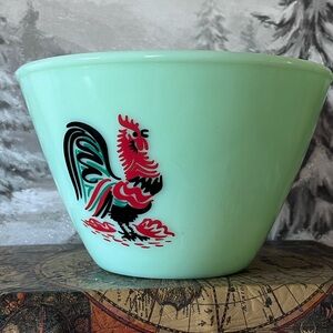 Vintage Jadeite-Style Green Glass Mixing Bowl with Rooster Decal